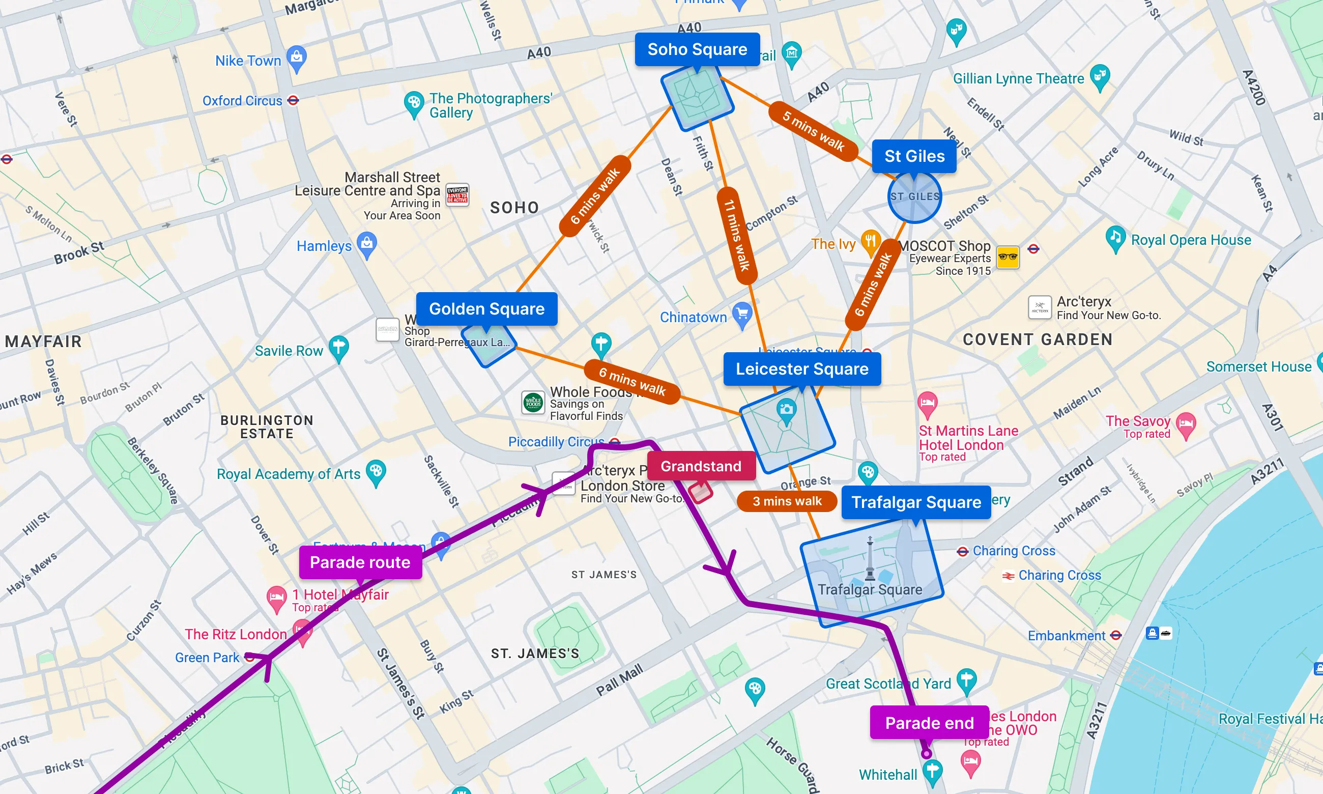 Key London Pride 2024 locations and walking distances